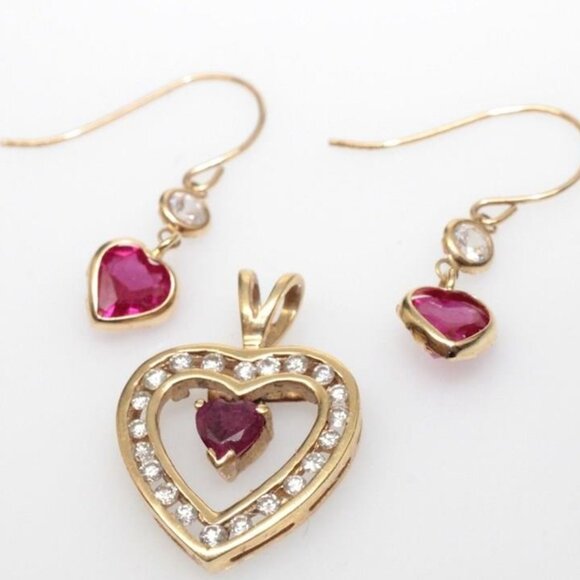 14k Gold Pink & White Sapphire Earrings and Pendant Set